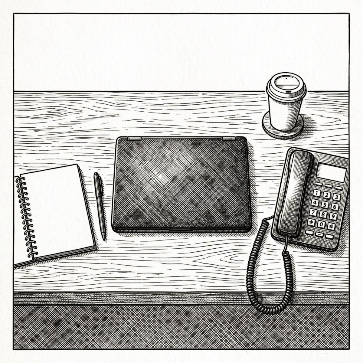 A desk drawn in line engraving: a closed laptop, a desk telephone with its handset on the cradle, an open notebook and pen, and a cup of coffee.
